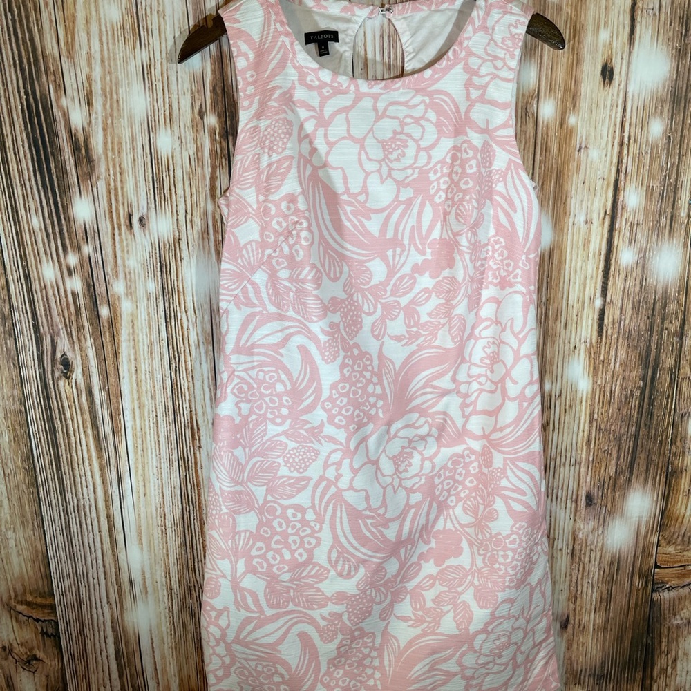 Talbots Dress Womens 8 Pink White Floral Sheath Lined Keyhole Back Zip Career
